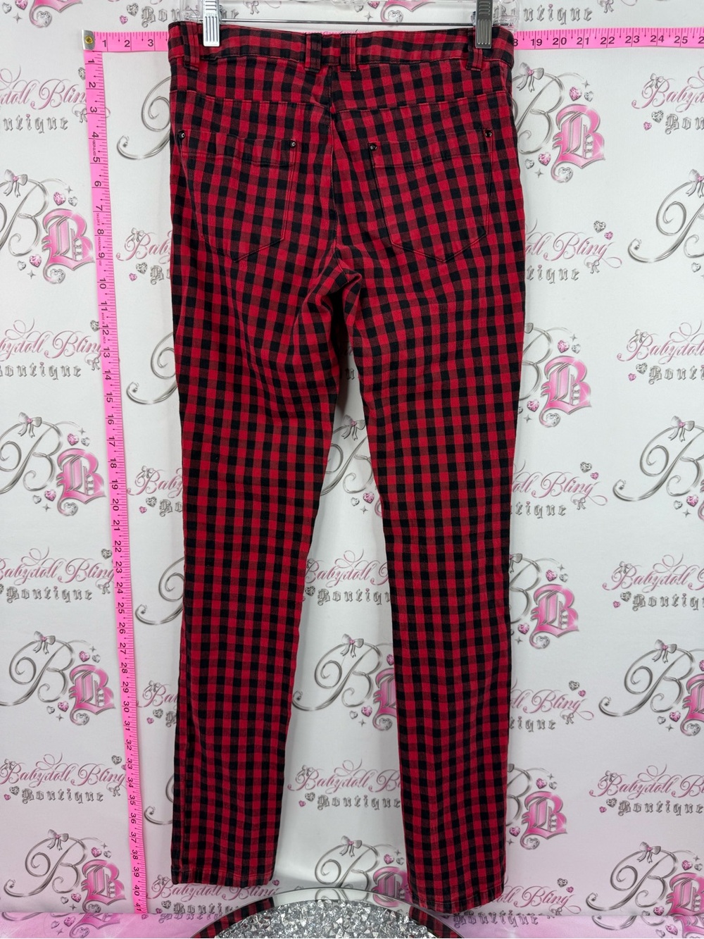 Pants gingham Red and Black Buffalo Plaid Skinny Pants - Picture 2 of 11